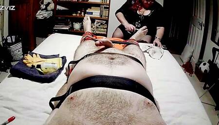 Feet tickle torment on naked bound man -headboard cam-BBW domination,BBW Bondage,man in bondage,male bondage,amateur,feet tickling,naked man tied up,bound and gagged man,claws,toothbrush,backboard,strapped down,