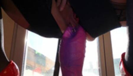 MILF in lingerie sits on a huge dildo in her pierced pussy gives a blowjob and gets a huge facial