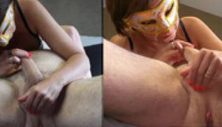Masked MILF sucks hubby's cock massaging his balls and swallows cum double bottom view