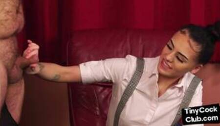 Femdom babe jerking small cock fat dude and humiliating him