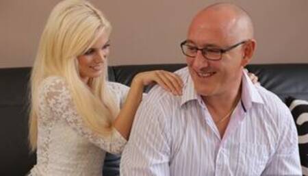 Winsome chick copulates with boyfriends hot daddy on sofa