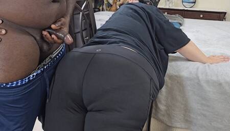 Sexy Big Ass Curvy Blonde Milf In Yoga Pants Twerking & Teasing Black Guy To Jerk Off & Cum On Ass