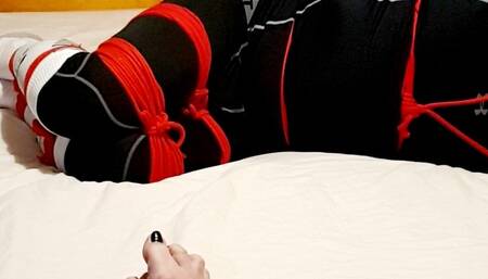 Man hogtied at my feet in tight leggings 2 -BBW Domination,BBW bondage,man tied up,bound and gagged man,leggings,compression gear,amateur,gay bondage,man in bondage,male bondage,socks,rope bondage,hogtied,hogtie,struggling,