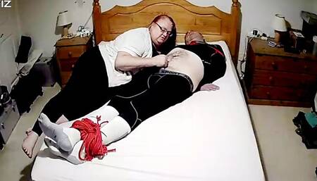 Man tied up on bed in tight leggings-BBW Domination,BBW bondage,man tied up,bound and gagged man,leggings,compression gear,amateur,gay bondage,man in bondage,male bondage,socks,rope bondage,handjob,spanked,spanking,biting,