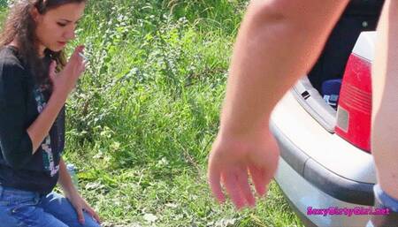 A sexy long blowjob - PVC raincoat masturbation outside - A blowjob outside