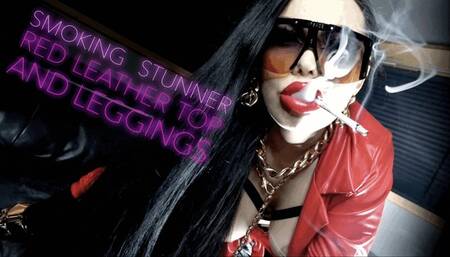 SMOKING STUNNER in red leather top and leggings