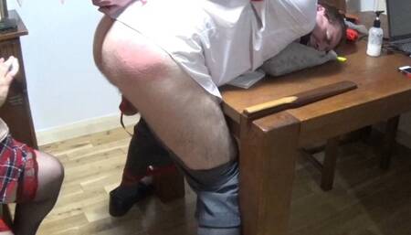 Man in adult school uniform Tied to Table 1 -BBW Domination,BBW bondage,man tied up,bound and gagged man,school uniform,schoolboy,shorts,amateur,male bondage,man in bondage,socks,tied to table,spanking,spanked,CBT,cock and balls tied,gay bondage,kicked,