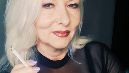 Smoker lady smokes classic elegant 2 menthol slim cigarettes chain with many open mouth breaths and creamy smoke*meshtop*shiny lips*black bra*purpel nailcolor*