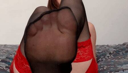 (334) My Legwear Collection 001: Red Lace Black Nylon Stockings (Mobile, MP4)