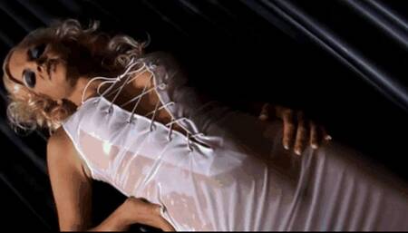 Hot blone girl masturbates in short tight white plastic skirt