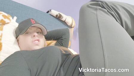 Casually Farting On My Bed in Grey Yoga Pants