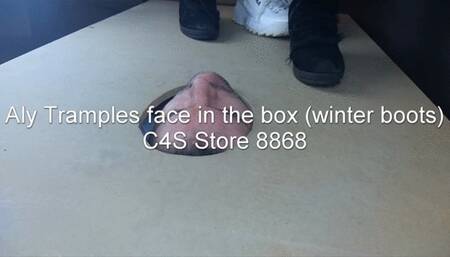 Aly tramples face in floor (winter boots)