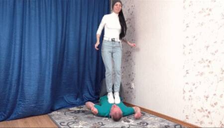 Teen aged brunette in white sneakers steps and jumps on her friend, vf2197x 1080p