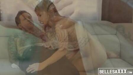 Young Kristen Scott is kissing her man as he impales her