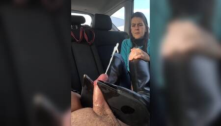 Slave cums on leather boots