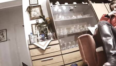 Leather boots on slaves cock