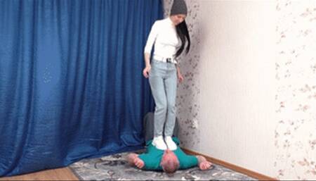 Teen aged brunette in white sneakers steps and jumps on her friend, vf2197h 720p