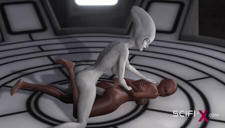 Sexy sci-fi female alien plays with a black girl in the space station