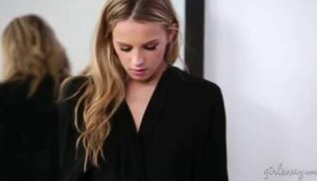 Karla K and Jillian J on a white patterned bed in a lesbian scene together