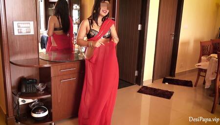 Indian Bhabhi In Red Sari Striptease Show