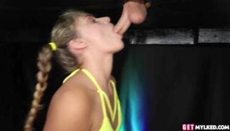 Femdom BJ CFNM slut in bikini sucking table hole cock