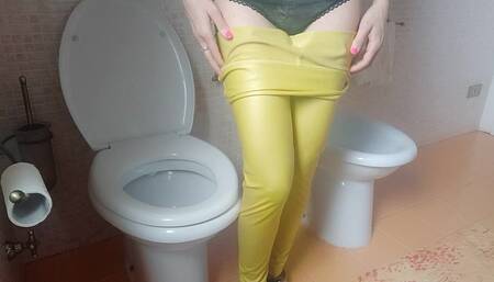 Pee with my yellow leather leggins