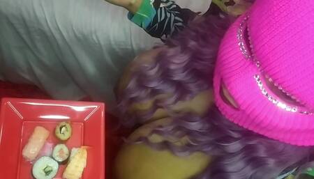 Horny married milf sucked our two cocks and asked for our cum on her food.