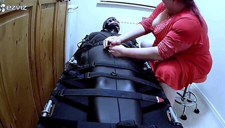 Edging,gauze polishing and post orgasm torment in a neoprene sleepsack- PART 2 -BBW domination,BBW bondage,amateur,sleep sack,man in bondage,male bondage,man tied up,bound and gagged man,strapped down,edged,handjob,CBT, post cum play,blowjob,cock ring,