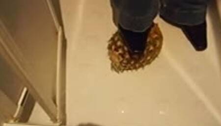 Stomping fruits and tomatoes with business outfit and pointy heels!