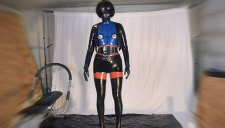 Heavy Pierced Latex Lady in blue catsuit black stockings mask and more fucks huge rubber dildo and sucks pierced dick PART 1