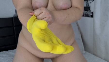 Fucking a glass dildo with Yellow gloves