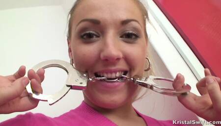 Busty cleaning lady plays with handcuffs