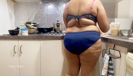 Beautiful Indian wife teases in lingerie while cooking