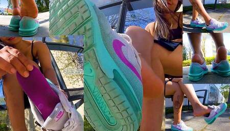 I walk around Barefoot in my old stinky sweaty nike airmax I take off my sweaty stinky nike air max and show you my sweaty stinky soles up close Shoeplay dipping Dangling