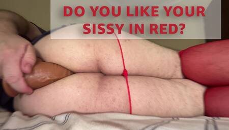 Misbehaving in red thongs and thigh highs