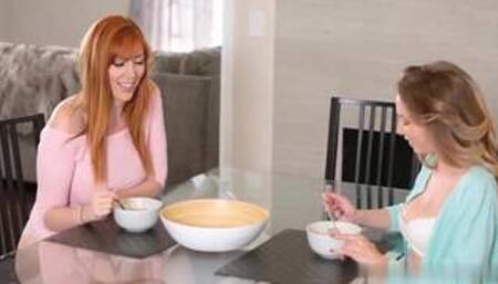 Lauren Phillips and Angel Smalls lesbian scenes and grey sofa lesbian Strap-on dildo