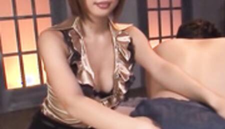 Japanese hottie in stockings rides aroused man