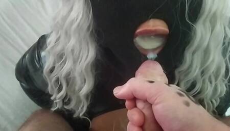 Big-titted milf enjoys sucking three cocks that fill her mouth with lots of hot cum.