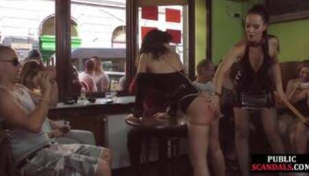 BDSM public slut whipped in public pub in front of voyeurs