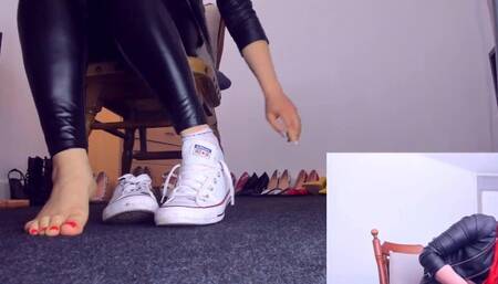 You will clean my dirty converse sneakers right now and worship my latex ass