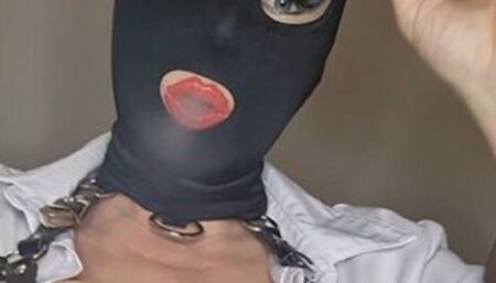 POV Smoking masked mistress sits on her small human ashtray slut and has her swallow ash and spit