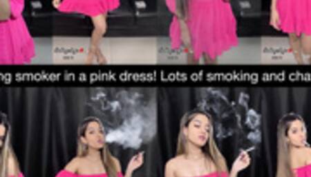Young spoiled smoker talking about her night out while she smokes in her pink dress