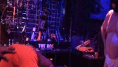 Strap-on on the big black cock slave in the dungeon