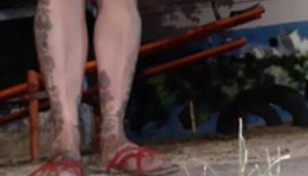 under Giantess unawares Wrinkled Soles Dirty Feet Dipping in Sandals ShoePlay