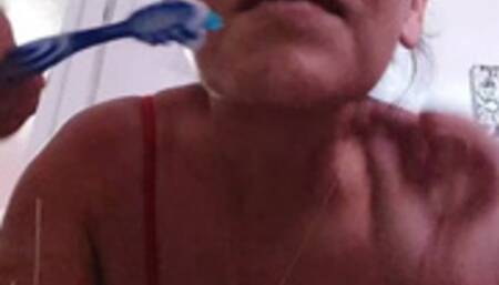 Latina Milf Giantess Lola's Morning Breath Upclose Mouth Fetish bouncy boobs while Toothbrushing Spitting Gargling Tongue Teeth Uvula Fetish