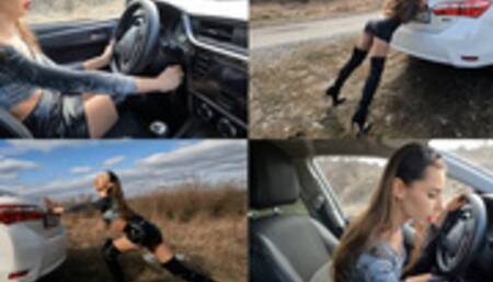 Nastya can't start her car and trying to push it