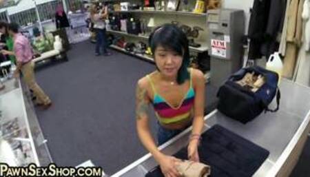 Asian pawnshop customer fucked in POV by big white cock