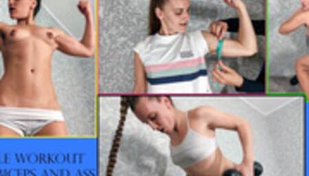 Muscle Workout Pumps Biceps and Ass - Muscular Woman - Ass Worship - Firm Ass - Dumbbell Workout - Strength Training - Arm Wrestling - Strong Female Arms - Body Stretching - Naked Workout - Gym