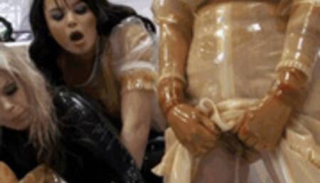 Transparent latex queen and the bizarre rubber piss twins and their diaper game - Part 2 of 3