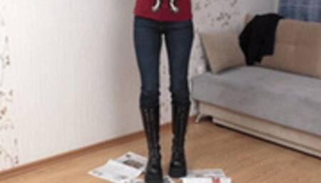 Sexy tall lass in high Doc Martens boots tramples newspapers, fc087x 1080p